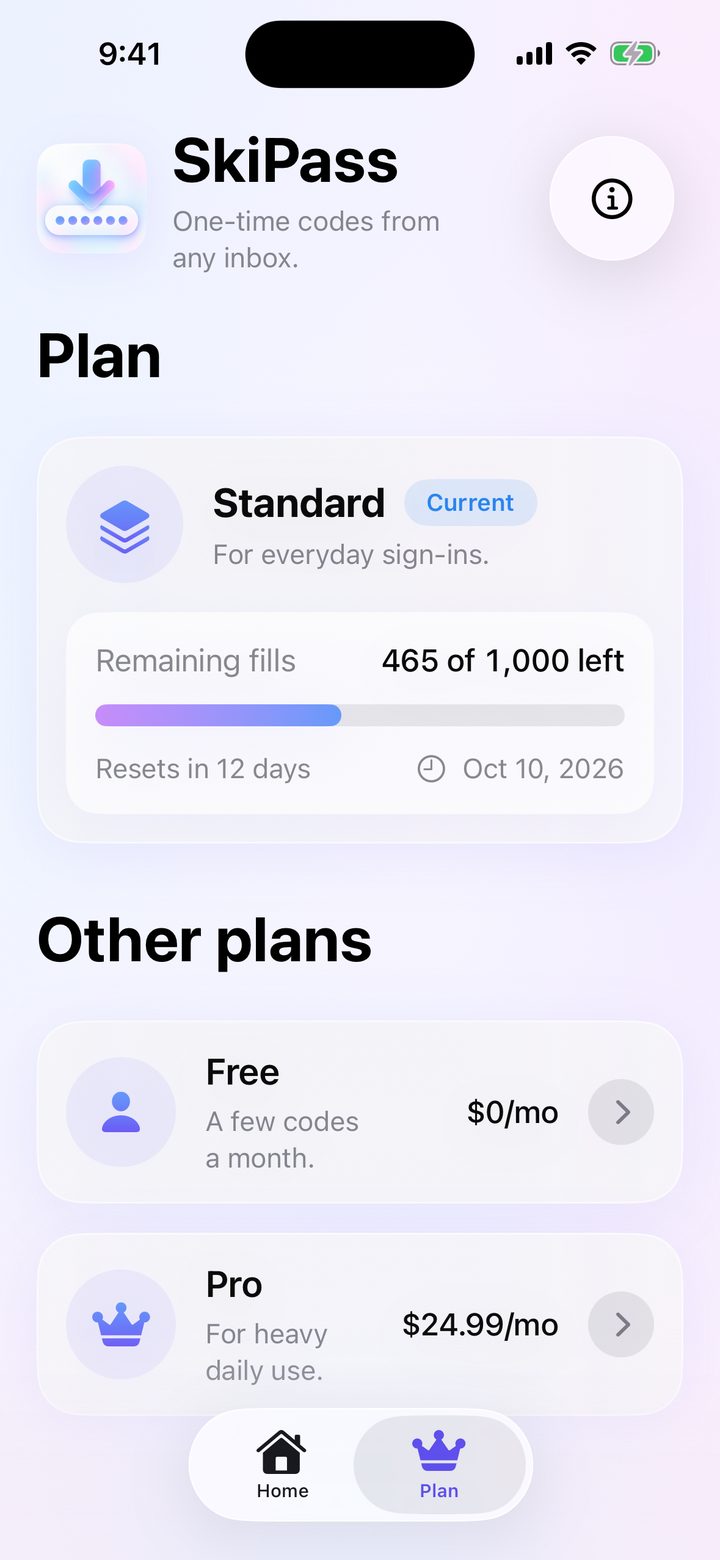 Plan: fills left this month, reset date, other plans
